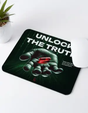 Unlock the Truth mousepad with red pill design and Matrix background
