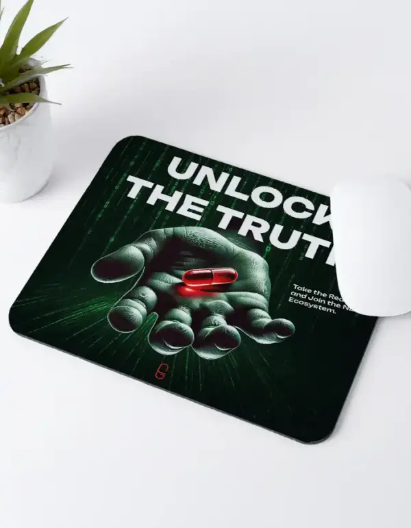 Unlock the Truth mousepad with red pill design and Matrix background