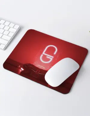 Glowing NRP mousepad with hologram logo design on red background