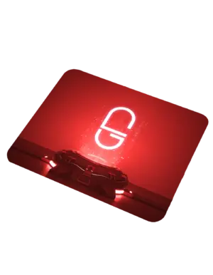 Glowing NRP mousepad with hologram logo design on red background