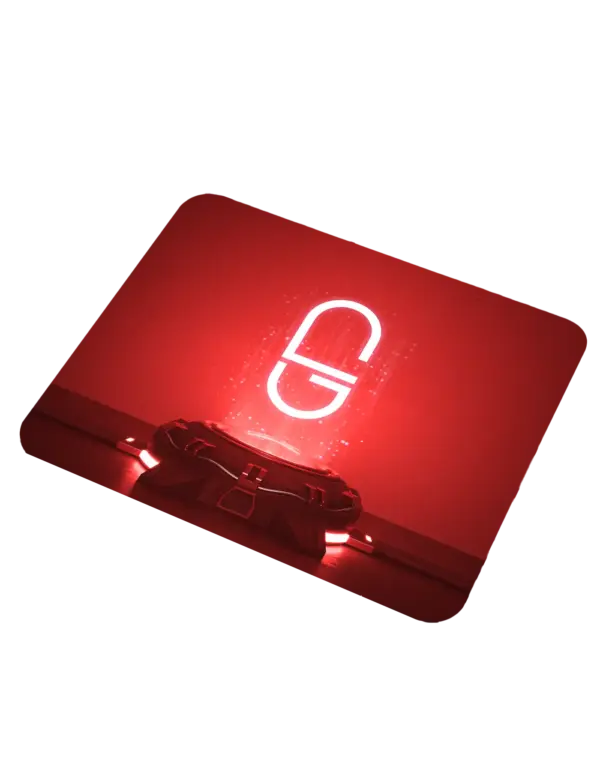 Glowing NRP mousepad with hologram logo design on red background