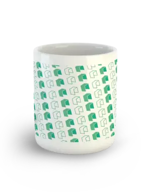 NEO & GAS Mug front view – white ceramic mug with NEO and GAS logos in green pattern
