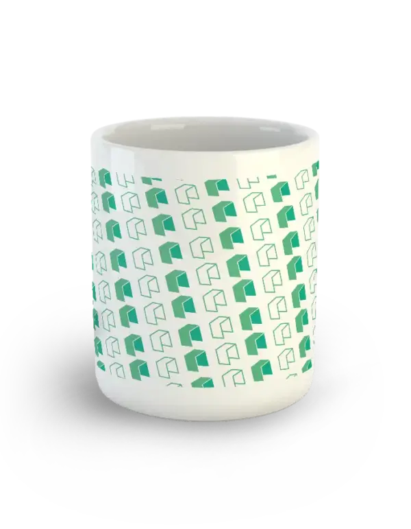 NEO & GAS Mug front view – white ceramic mug with NEO and GAS logos in green pattern