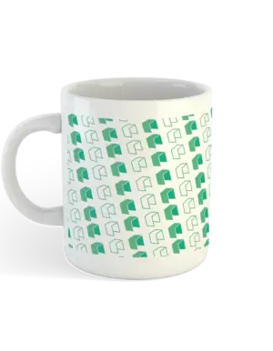 NEO & GAS Mug side view – white mug showing minimalist blockchain-inspired print with NEO and GAS symbols