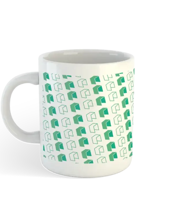 NEO & GAS Mug side view – white mug showing minimalist blockchain-inspired print with NEO and GAS symbols