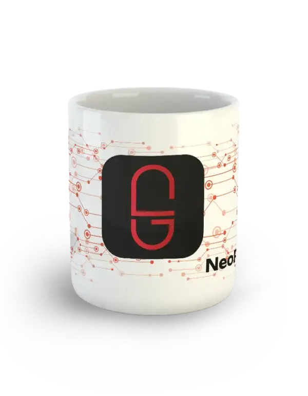 Front view of NeoRedPill Mug with digital-style background