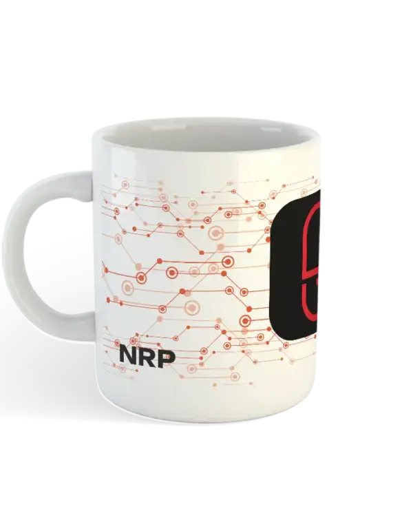 Side view of NeoRedPill Mug with digital-style background