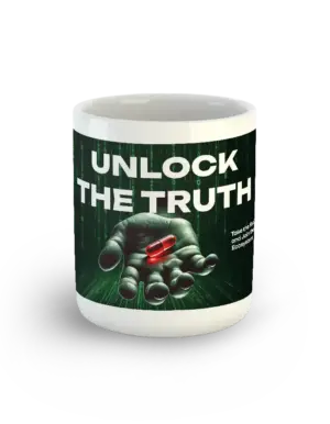 Front view of Unlock the Truth mug with red pill and Matrix design