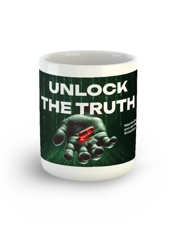Front view of Unlock the Truth mug with red pill and Matrix design