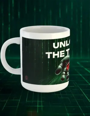 Side view of Unlock the Truth mug showing red pill and crypto-style art with matrix background