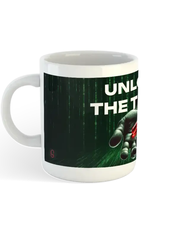 Side view of Unlock the Truth mug showing red pill and crypto-style art