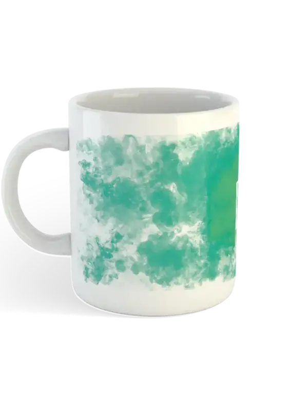 Side view of NEO Smoke Mug with green smoke cloud design and NEO logo