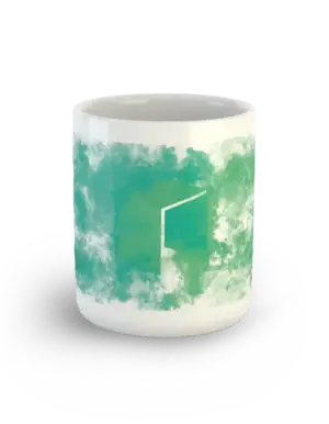 Front view of NEO Smoke Mug with green smoke cloud design and NEO logo
