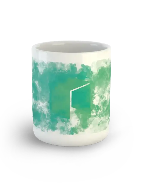 Front view of NEO Smoke Mug with green smoke cloud design and NEO logo