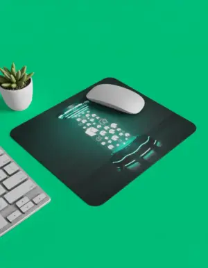Floating NEO mousepad with glowing logo beam design on dark background