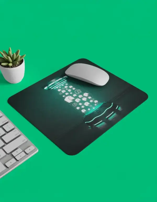 Floating NEO mousepad with glowing logo beam design on dark background