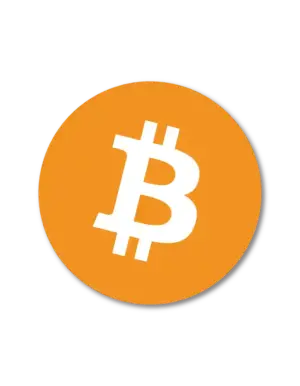 Bitcoin logo in white on orange round background – crypto sticker design