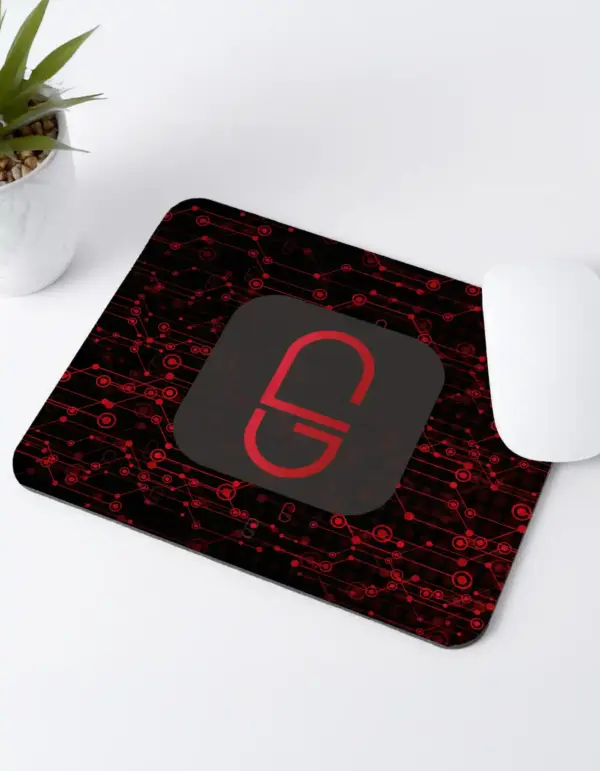 NeoRedPill mousepad with digital circuit-style background and centered NRP logo on white surface