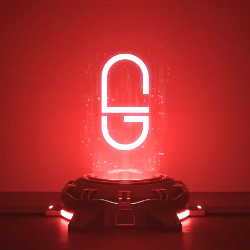 NeoRedPill logo glowing in red neon light on a futuristic platform