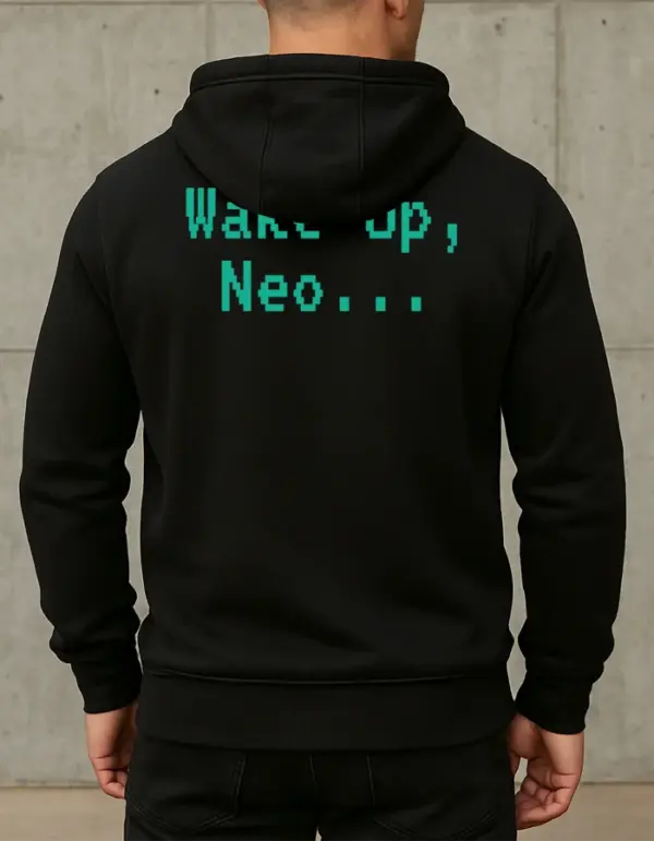 Black hoodie with pixel-style Wake Up, Neo... text on the back – rear view