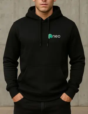 Black hoodie with NEO logo on chest – front view