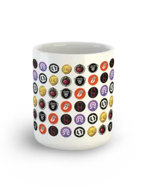 White ceramic mug with colorful NEO community meme logos in grid pattern – Memes of NEO Mug