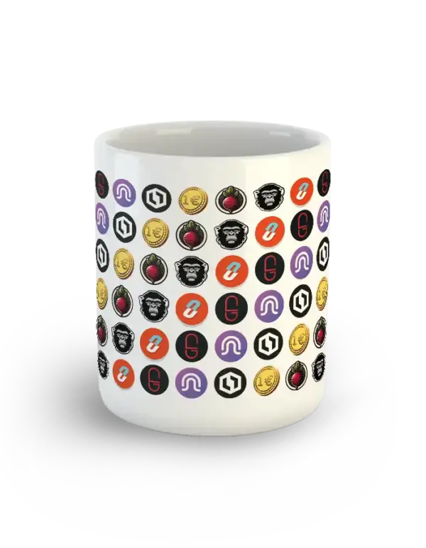 White ceramic mug with colorful NEO community meme logos in grid pattern – Memes of NEO Mug