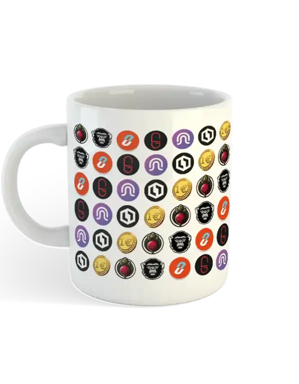 Crypto-themed mug with NEO ecosystem memes – front and side view of the Memes of NEO Mug
