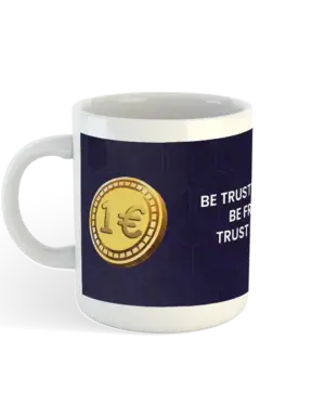 Frankcoin mug full wrap design with crypto-themed artwork and slogan