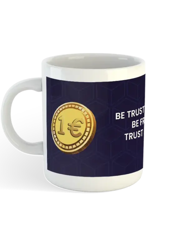 Frankcoin mug full wrap design with crypto-themed artwork and slogan