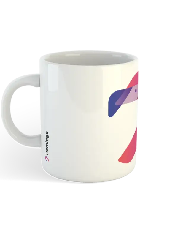 Flamingo Finance Mug with large front logo on white ceramic background