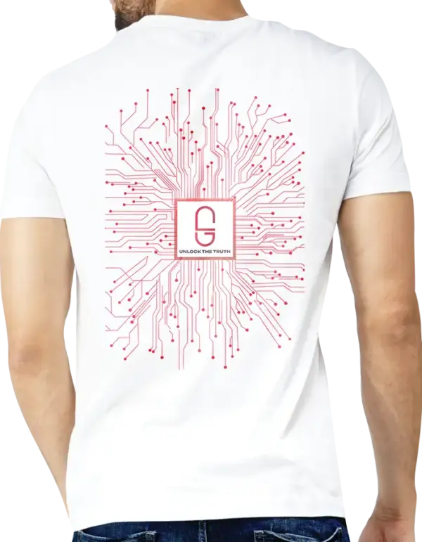 Unlock the Truth T-Shirt with red glowing circuit design – back view