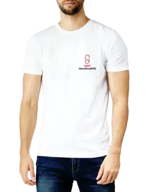 White NRP T-Shirt with NeoRedPill logo on chest – front view