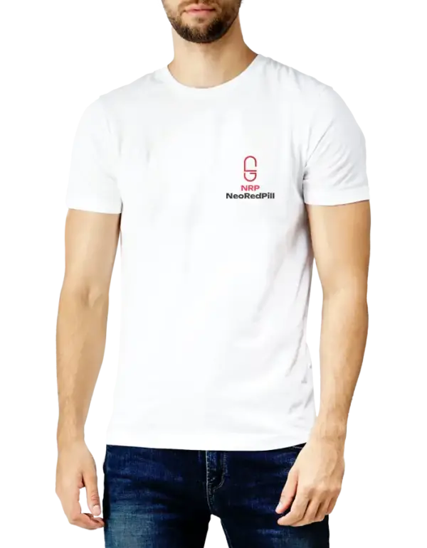 White NRP T-Shirt with NeoRedPill logo on chest – front view