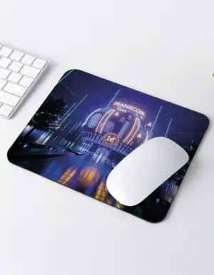 FrankCoin Mousepad with neon crypto dome design on black desk surface