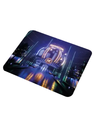 FrankCoin neon dome mousepad showing futuristic crypto city artwork